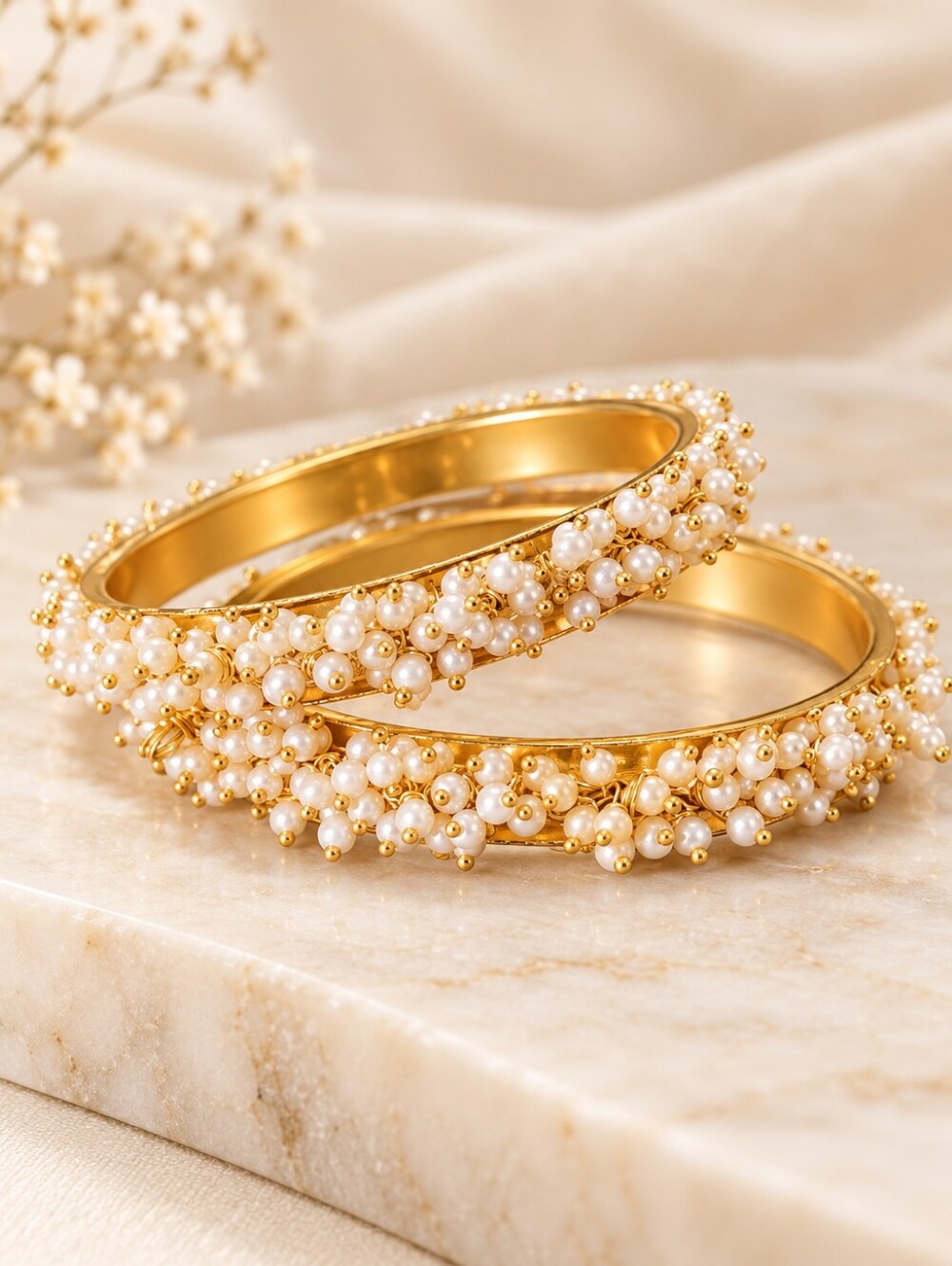 Pearl Kundan Bangle Pair Gold Tone Indian Wedding Jewelry Size 2.6